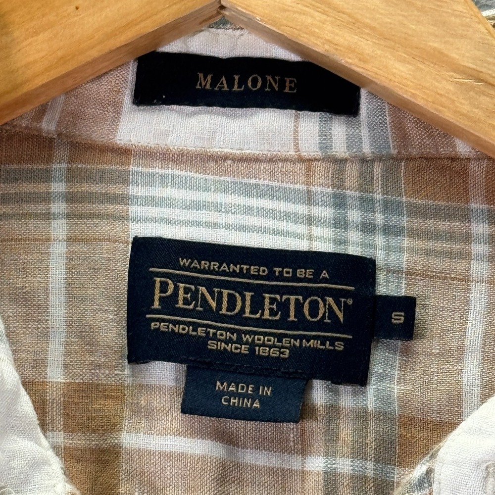 Pendleton Malone Button Up Shirt Mens Small Beige Plaid Linen Double Flap Pocket - Picture 3 of 10